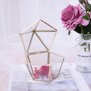 五角形几何玻璃花房复古铜色首饰盒永生花玻璃花器A13