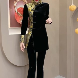 2024春季新款时尚套装女新中式拼色旗袍上衣微喇裤修身显瘦两件套