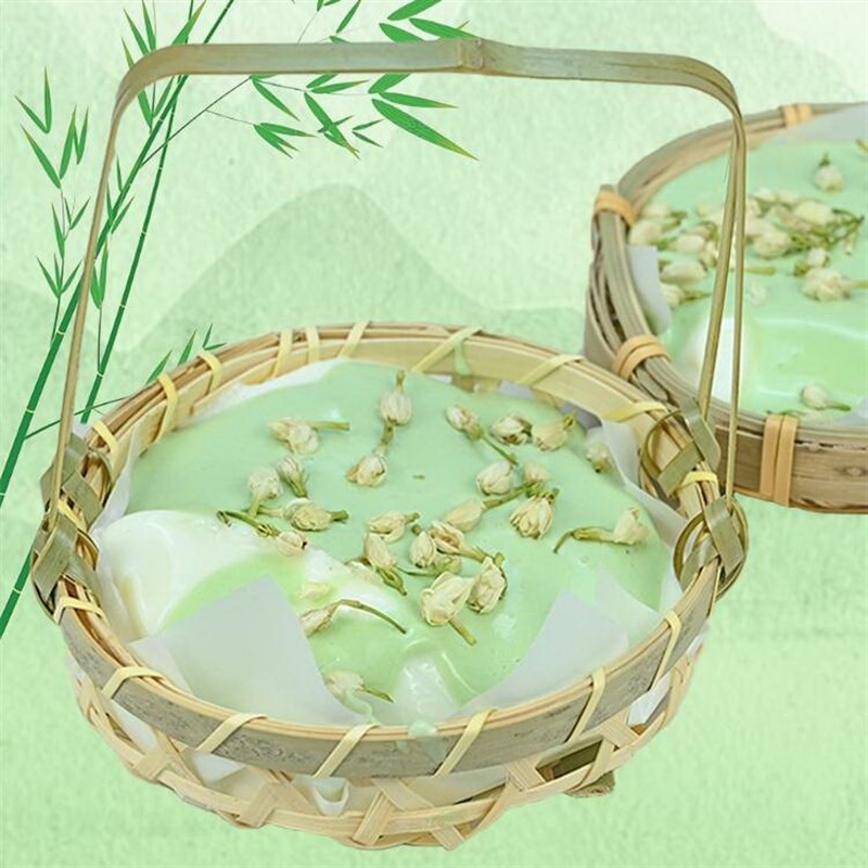 樱花奶豆腐筐竹编小提篮圆形提手茶点水果篮子糕点托盘创意小竹篮