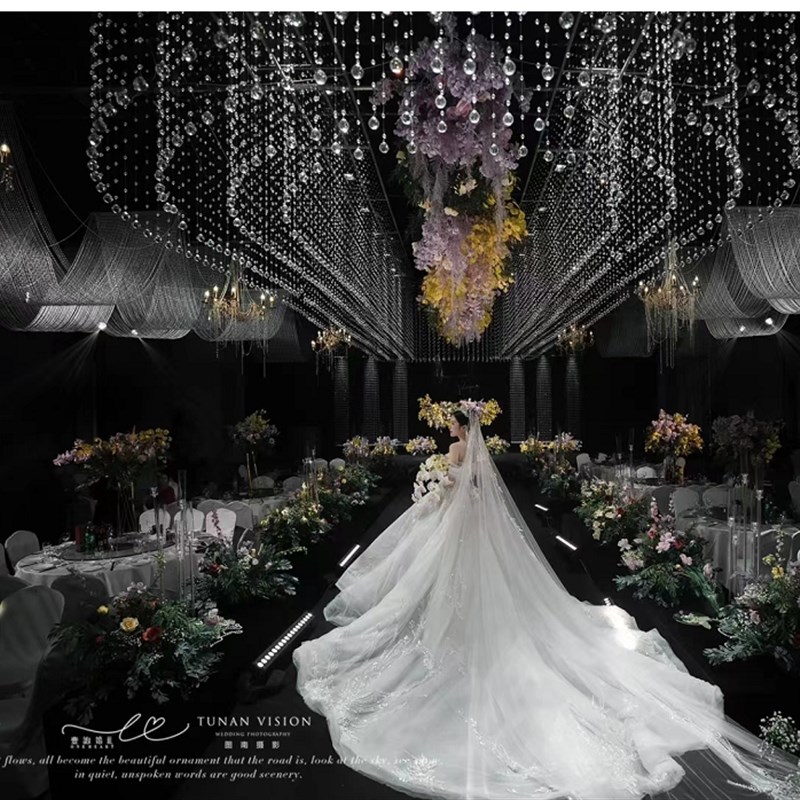 婚庆道具婚礼堂吊顶定位珠圆环铁艺黑色架子婚礼舞台装饰水晶珠帘