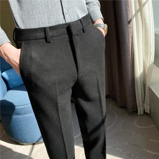 秋冬季加厚毛呢西裤男士商务西装裤小脚休闲裤质感磨毛裤子男灰色