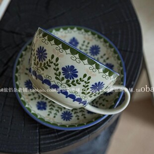 复古釉中彩绿色花园陶瓷咖啡杯碟拿铁拉花杯早餐燕麦杯中古杯礼物