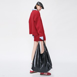 OF U新年红色假两件条纹针织衫上衣短裙两件套秋冬POLO领毛衣套装