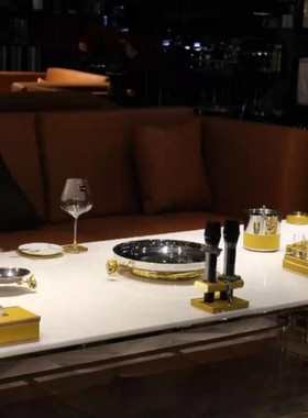 KTV摆台用品加厚不锈钢罗曼达悦荟款双边花果皮盅话筒架轻奢款