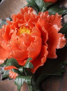 东方泥土手工陶瓷牡丹花瓷盘客厅酒柜书房博古架装饰品开业乔迁礼