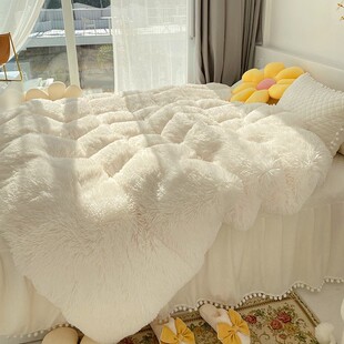鱼梦 新品升级款长毛绒四件套奶油白色床单夹棉加厚保暖床上用品