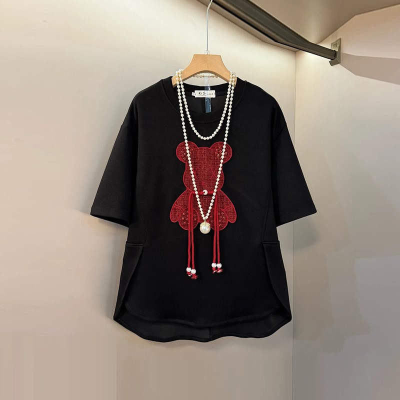 胖妹妹圆领流苏扣卡通图案短袖T恤衫加肥大码女装秋冬款百搭上衣