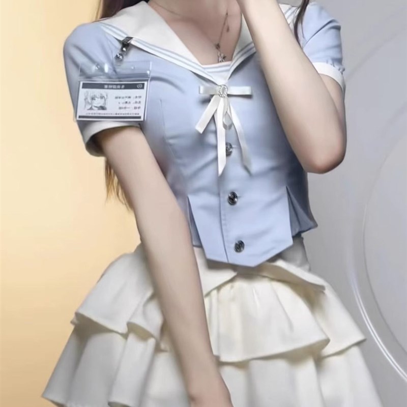 学院风甜美套装女小个子显瘦衬衫上衣夏季高腰蛋糕裙短裙子两件套