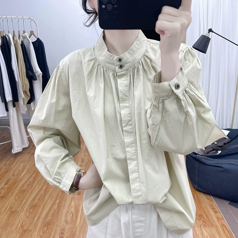 复古立领纯棉长袖衬衫女春秋季新款大码文艺宽松衬衣百搭打底上衣