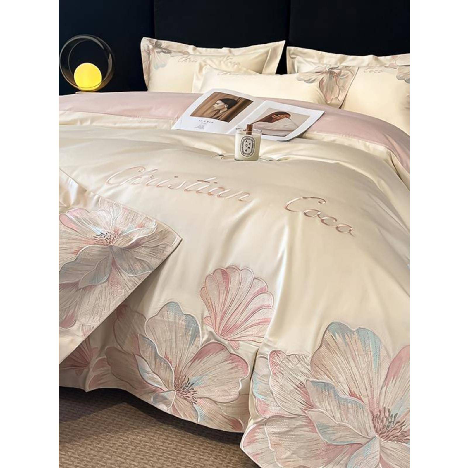 棉刺绣四件套纯棉轻奢A类180支长绒棉花卉床单被套四季床上用品