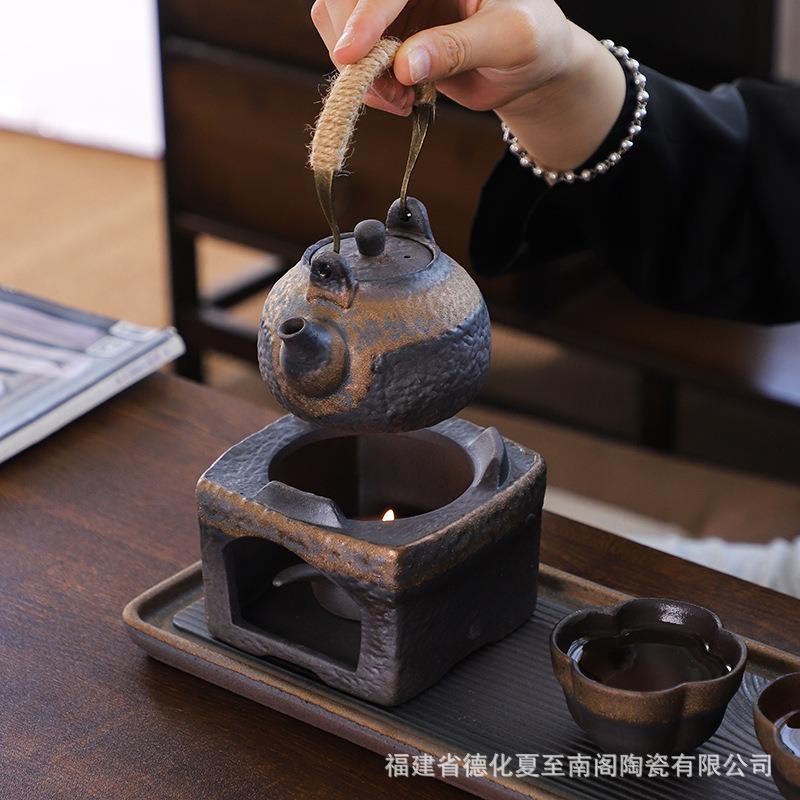 粗陶暖茶壶套装德化陶瓷提梁壶烛台加热温茶器古典传统色釉茶具