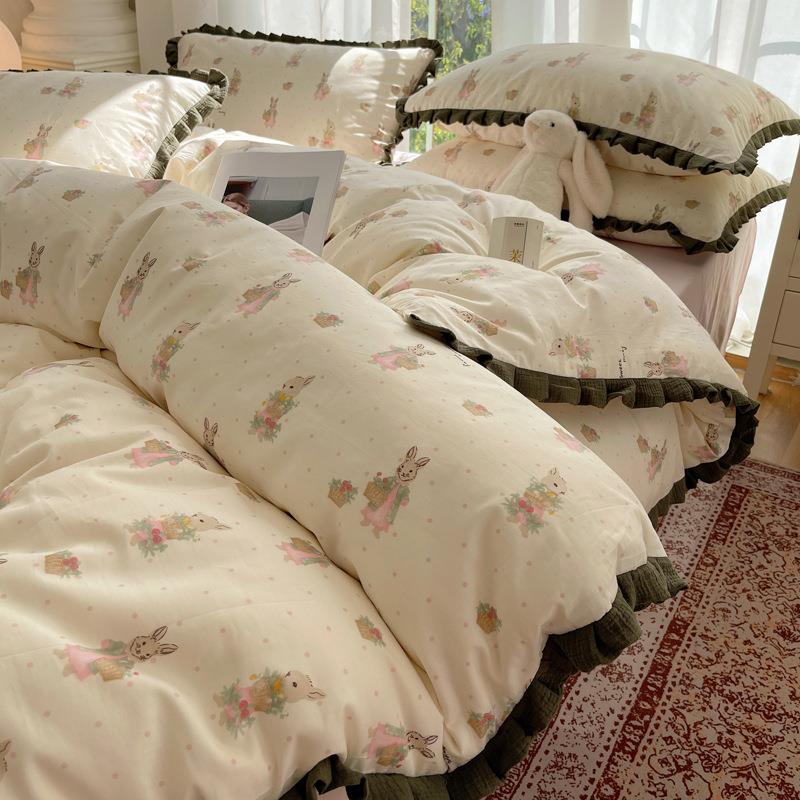 韩式全棉四件套100纯棉新款春季花边兔兔被套床单三件套床上用品