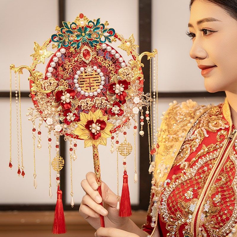 结婚团扇新娘材料包diy秀禾婚礼婚扇喜扇双面高级出嫁成品扇重工