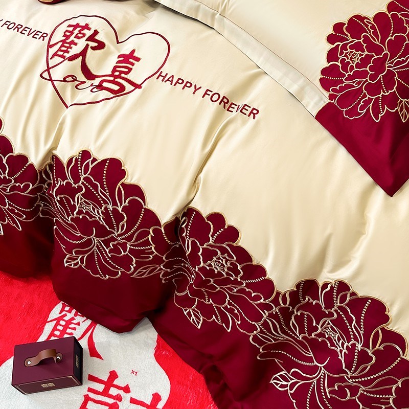 100S长绒棉婚庆四件酒红全棉花朵喜庆被罩新结婚房嫁礼床上用品