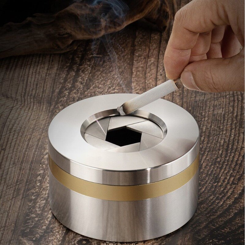 厚重控不锈钢烟灰缸齿轮旋转开合解压防飞灰密闭高端创意定制刻字