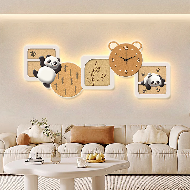 奶油风客厅装饰画带表灯画沙发背景墙挂画熊猫挂钟时钟卧室床头画