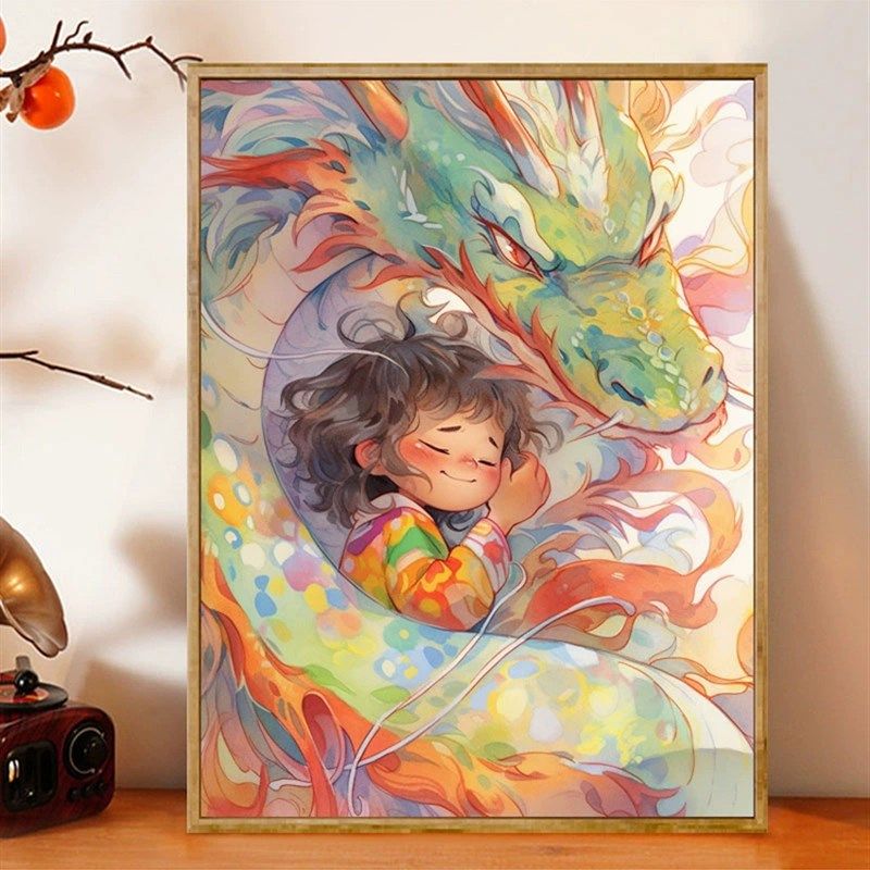 龙年插画拥抱神龙数字油画diy填色画手绘油彩画装饰画