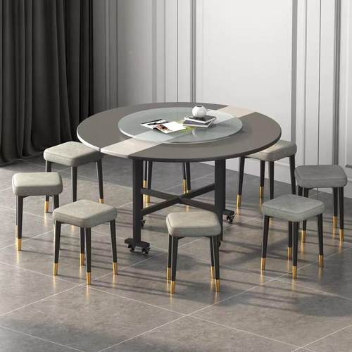 IL椅组合家用圆小户圆形折叠餐桌型新中ACL式伸缩大桌带转盘折桌