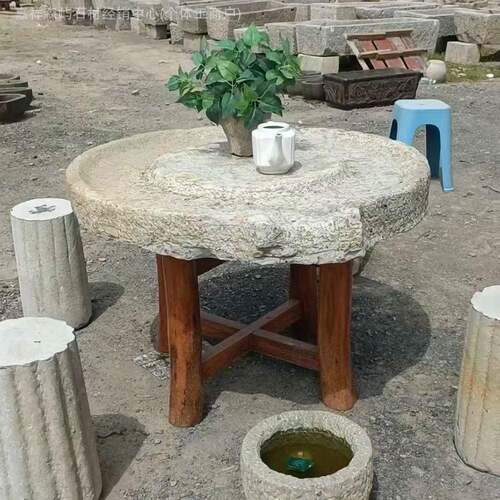 石磨茶台复古怀旧老磨盘户外碾盘组水茶摆桌旧石器庭院石桌合TPQ