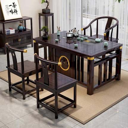 黑檀中式仿古TBF茶几实茶桌椅木组合家茶桌一体一整套色功夫泡用