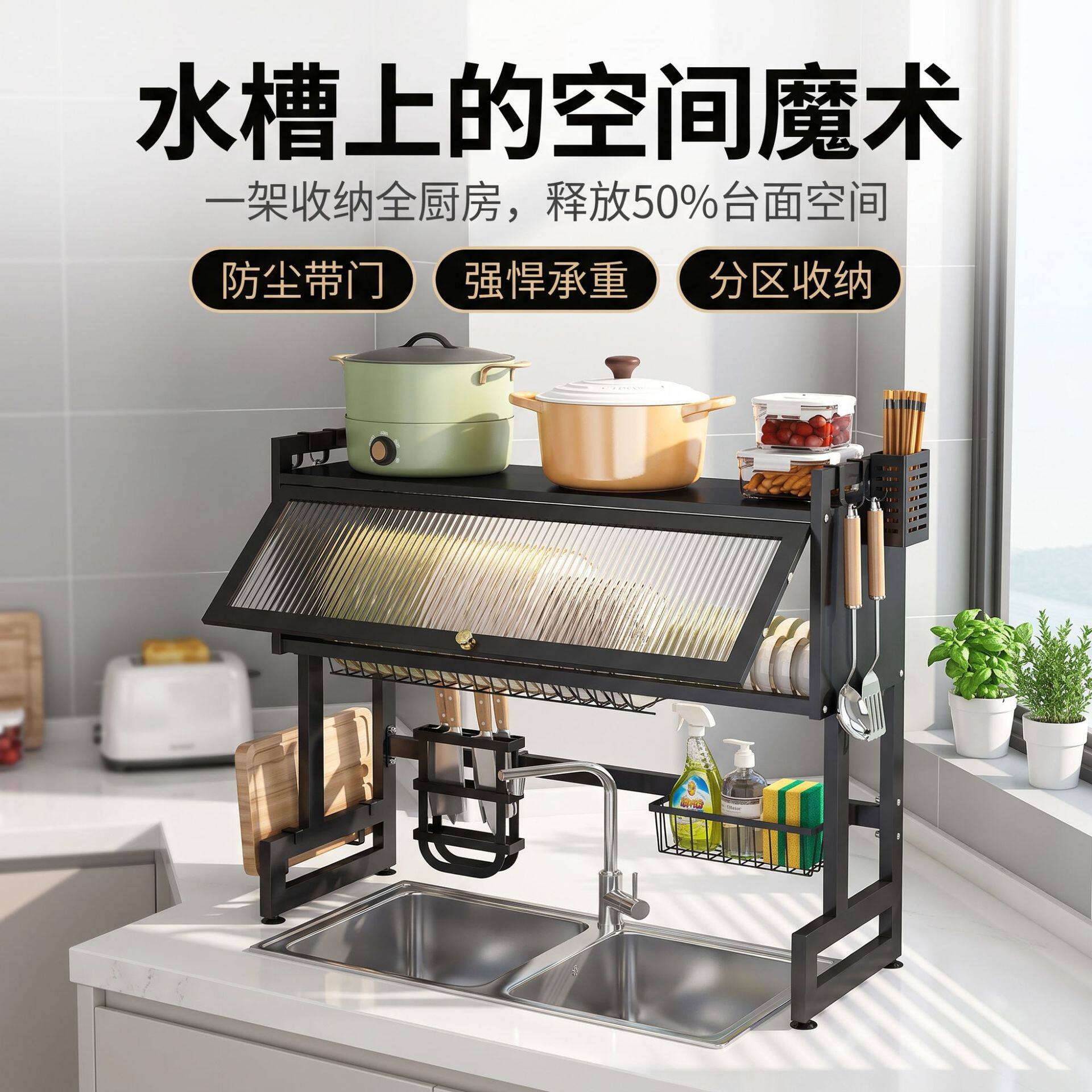 厨房水槽置物架洗碗槽水池台面防尘碗柜收纳多功能餐具储物沥水架