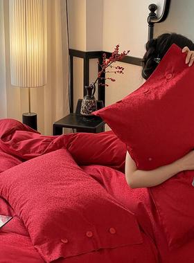简红色结婚庆100支贡缎长绒棉1纯棉四件套嫁喜被.8婚mHCZZ28SD婚