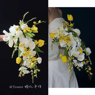 绿结手捧花瀑布垂坠感新花束婚56016摄影花白假娘花家居台面装饰