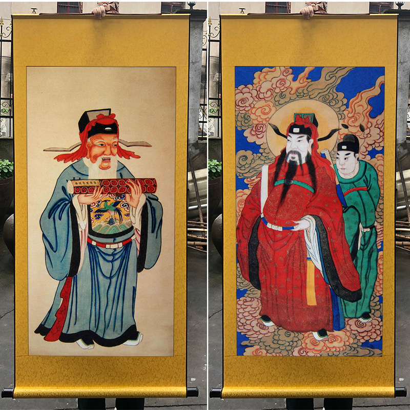 四值功曹神像挂画土地爷画像城隍爷水陆画道场装饰丝绸卷轴画