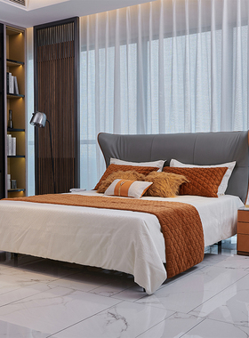 JNLEZI 意式极简大理石床头柜橙色马鞍皮Fidelio胡桃木实木床边柜