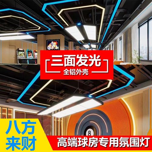台球室氛围灯三面发光八方来财八边型铝材气氛灯桌球专用LED吊灯