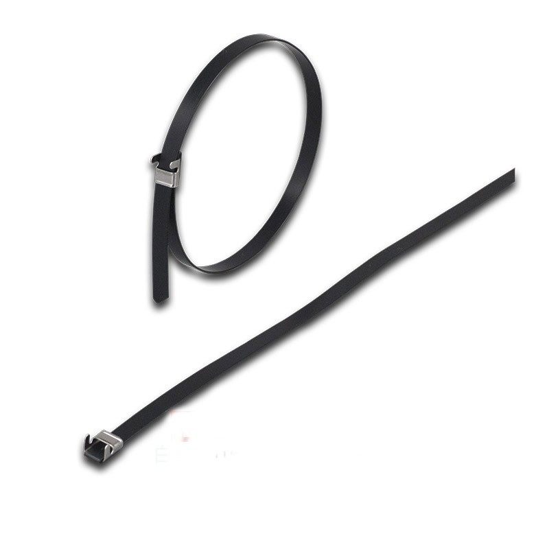 304包塑黑色9MM金属扎带粘塑船用扎带室外电缆固定条绑带防腐