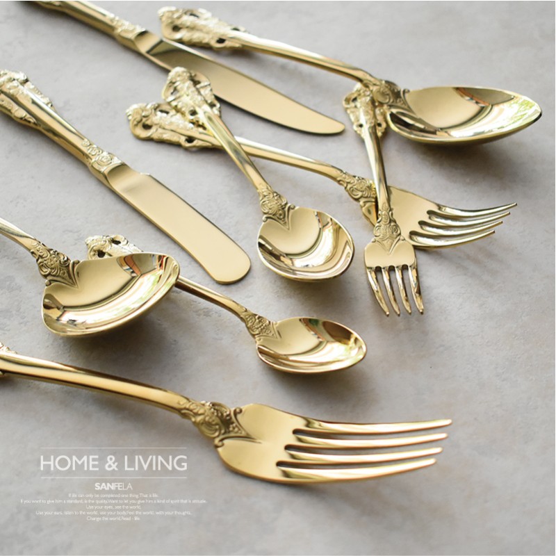 金色西餐餐具 全刀叉两件家用装30不锈钢欧式甜品叉小勺子