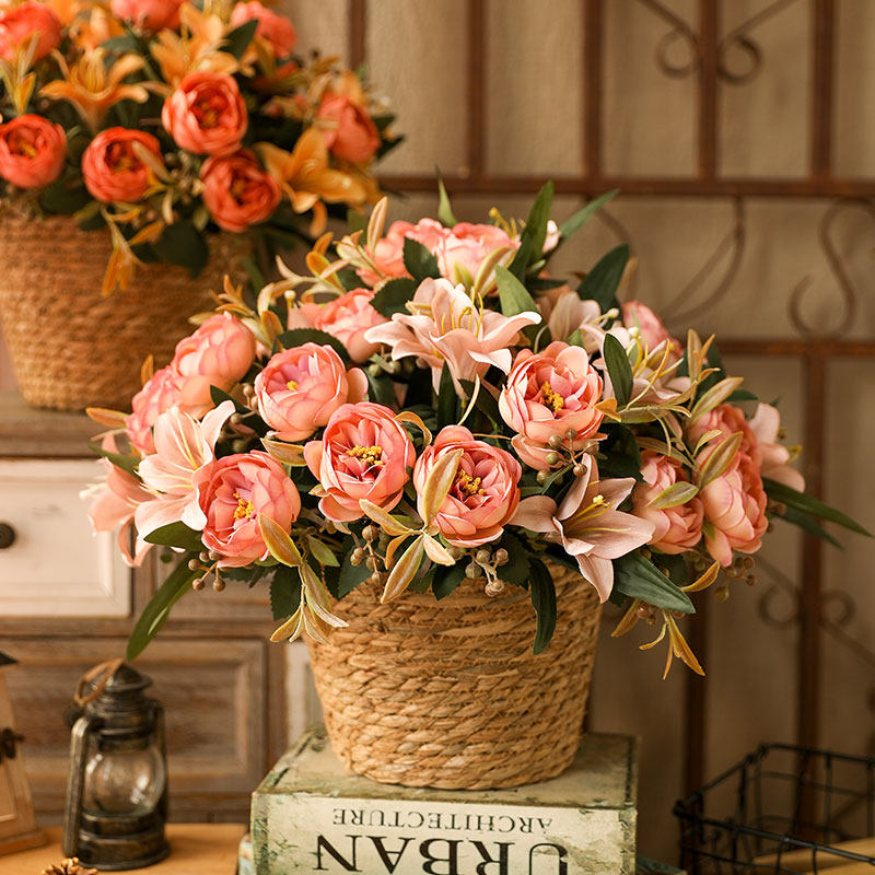 复古做旧百合花仿真花束花艺花苞森系欧式摆件客厅田园风茶几装饰