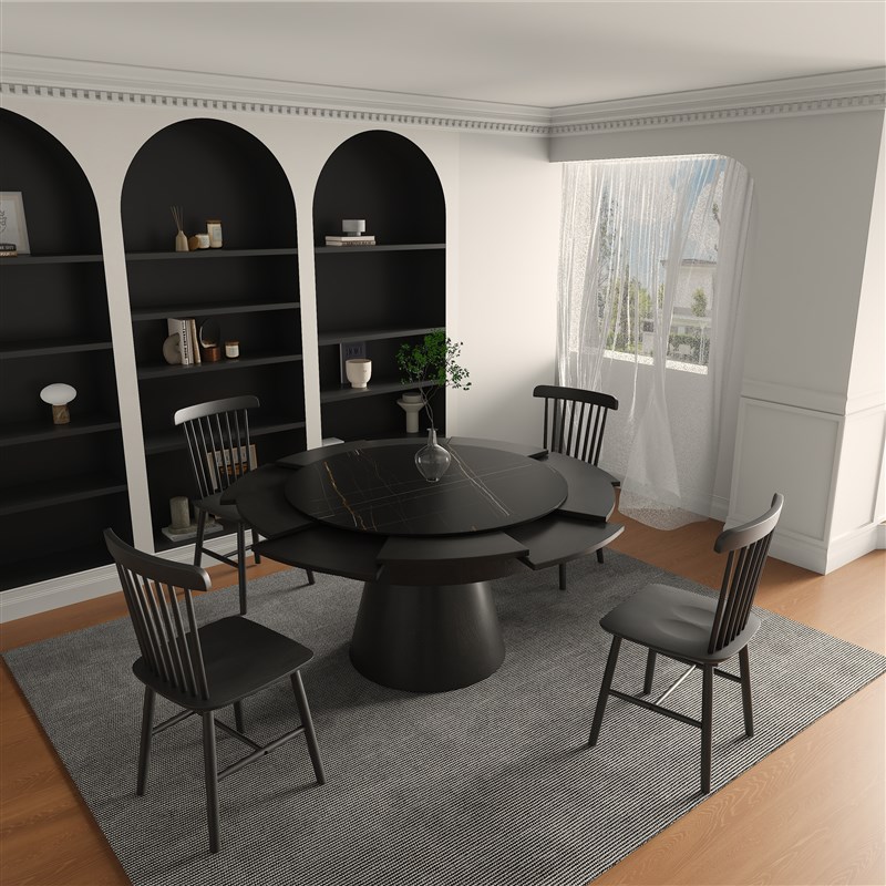 意式现代风格岩板转盘实木圆桌旋转伸缩变径餐桌省空间小户型餐厅