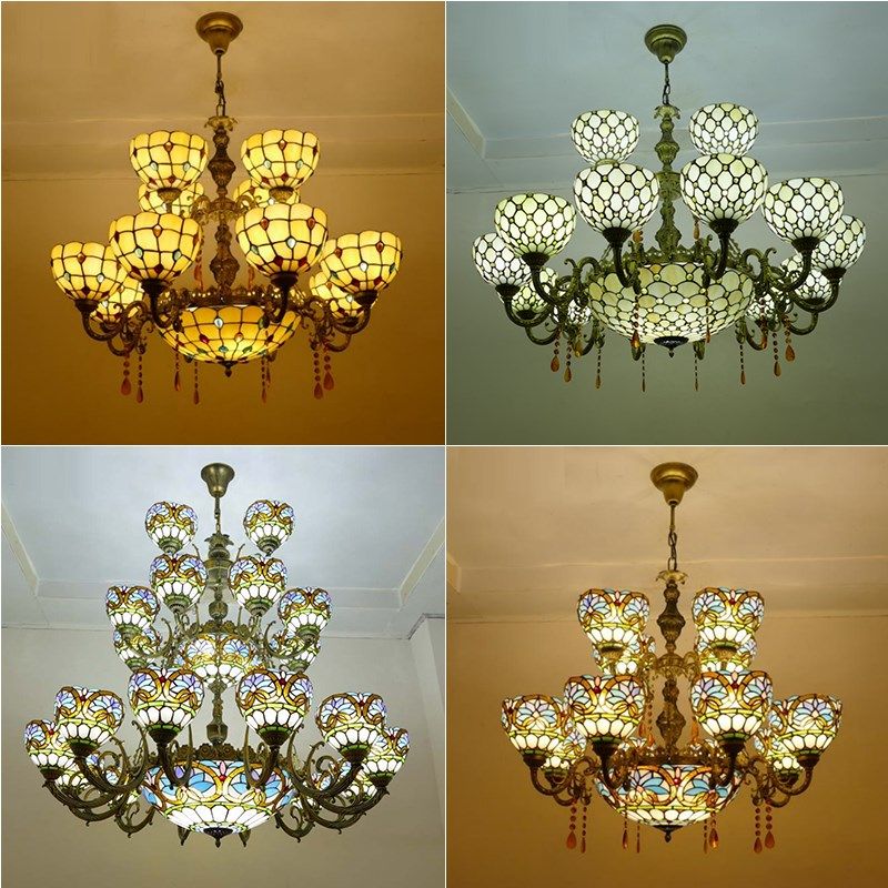 复古工程灯多层大型场所酒吧吊灯别墅酒店进门大厅彩色玻璃吊灯
