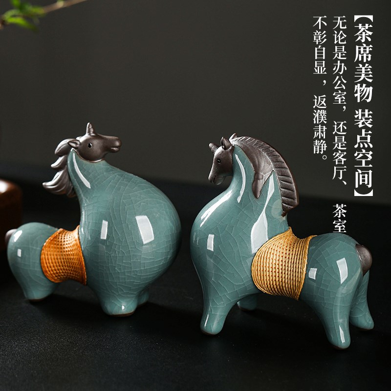 竹编竹丝扣瓷陶瓷马摆件创意家居客厅书架装饰品桌面竹编工艺品