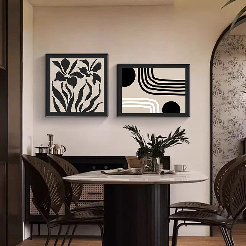 法式中古风餐厅装饰画抽象艺术黑白线条饭厅餐桌挂画卧室双联壁画