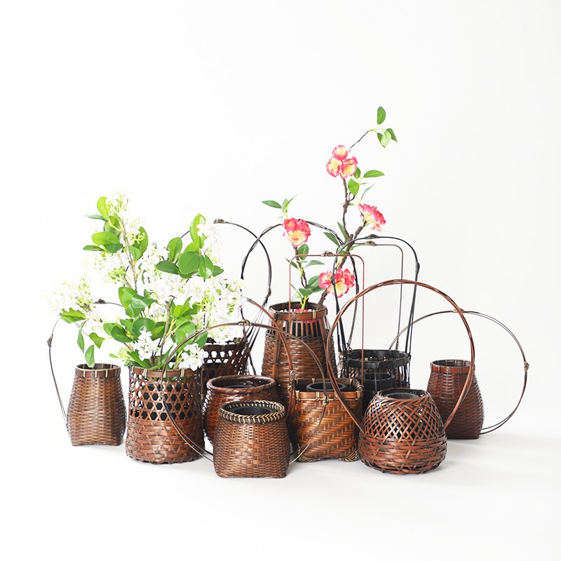 竹编花器复古竹编插花篮花道工艺品便携式客厅创意小竹篮花瓶摆件