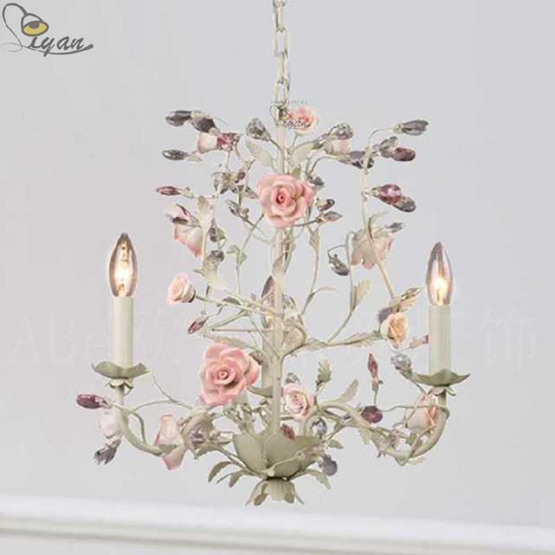 ABe爱贝灯饰 浪漫法式田园粉红色花朵水晶吊灯 公主女孩房卧室灯