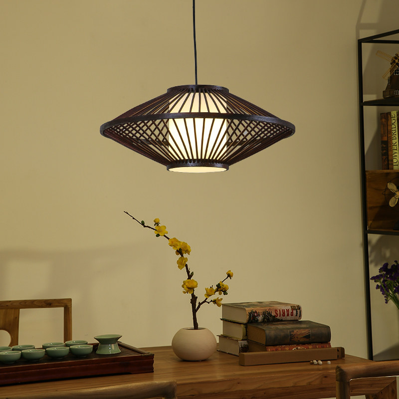 手工竹编飞碟吊灯创意个性中式田园茶室餐厅卧室店铺商用过道灯具