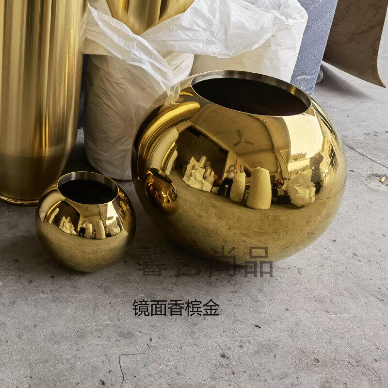 不锈钢花瓶 圆球花器摆件 电镀金色金属花盆 台面花器 香槟金