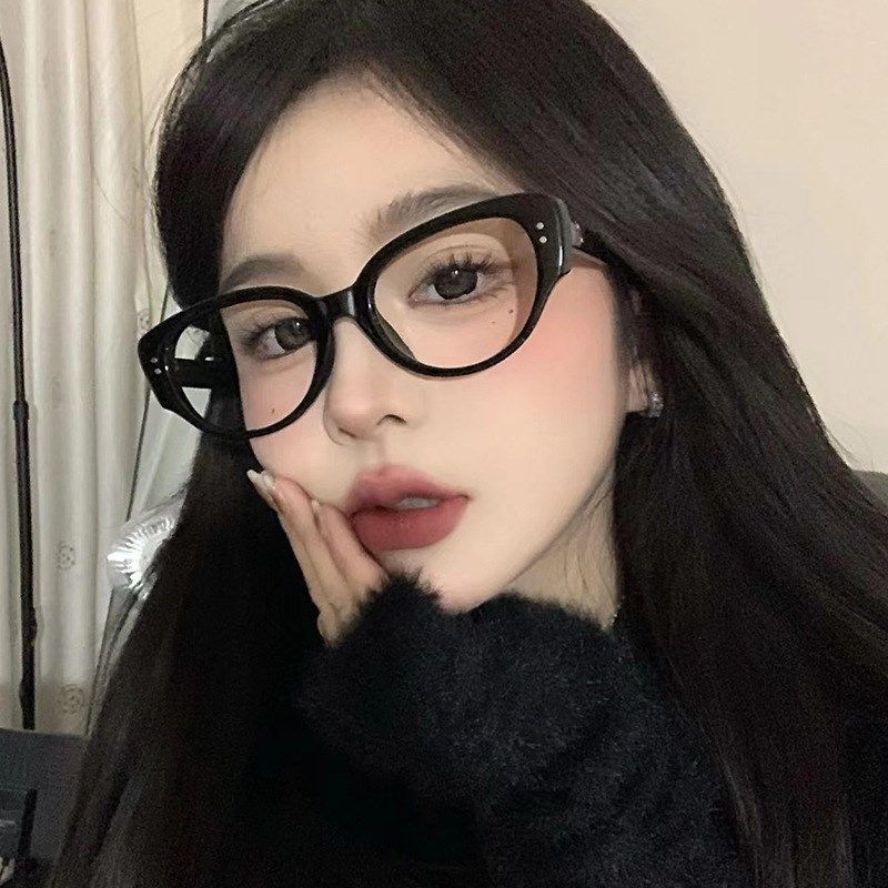 黑框猫型素颜镜框女款大框方圆脸显瘦近视眼镜复古猫眼平面镜