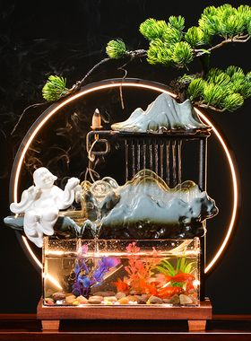 创意循环流水小型鱼缸招财摆件中式家居客厅装饰景观乔迁开业礼品