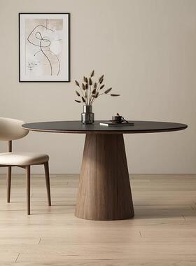 代简约奶油实木桌岩板圆现餐桌纯白带转盘家用风吃XSF饭原木色圆