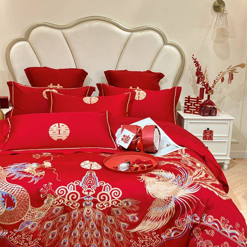 被高档中式龙凤43056644刺结绣婚四件套大亲红色床单被套肤棉喜婚