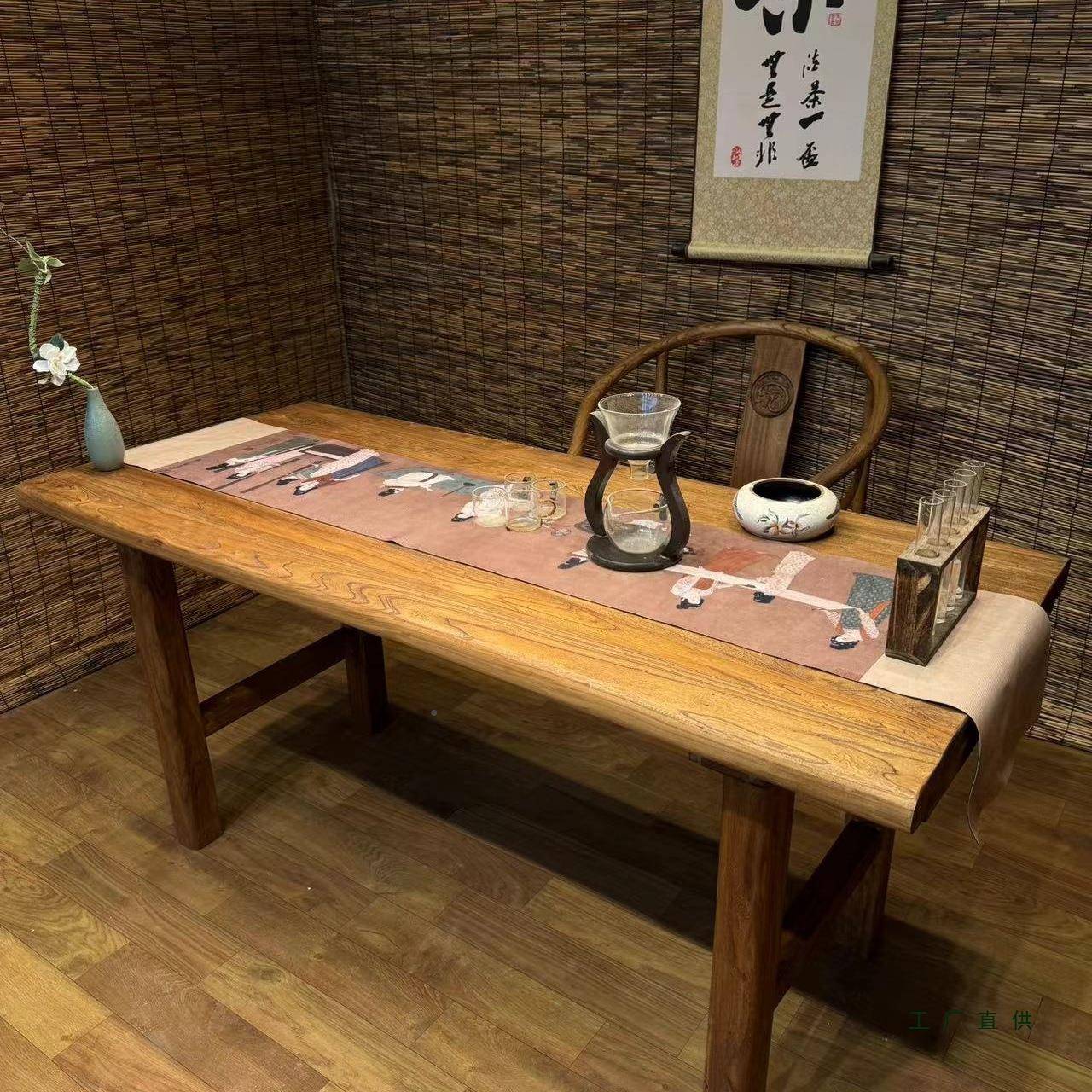 老榆木实木茶桌电脑桌餐桌复985台古长吧桌阳桌书桌民木宿饭店原