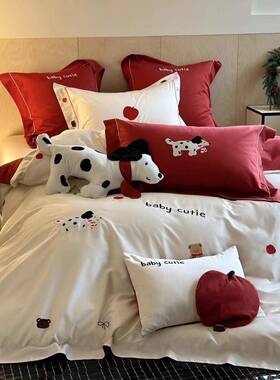 卡通风可2025010Y爱斑点棉小狗刺绣00支纯棉长绒四件套亲肤全1棉