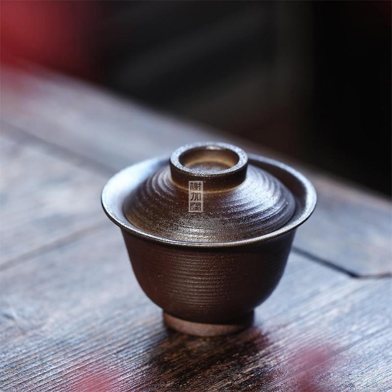 谢加阔柴烧云深盖碗泡白毫银针手工粗陶茶具自然落灰古朴家用茶碗