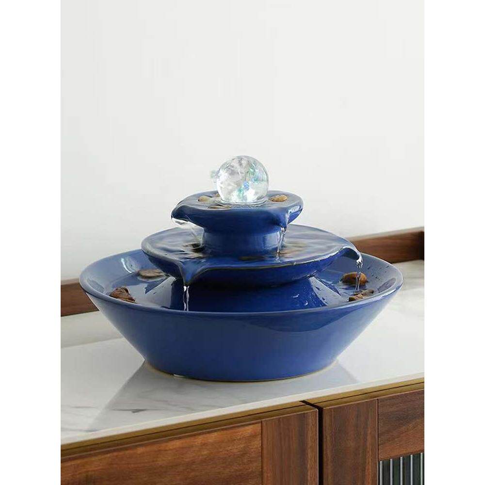 新中式陶瓷循环水饰品客厅封闭财富加湿器水晶球饰品