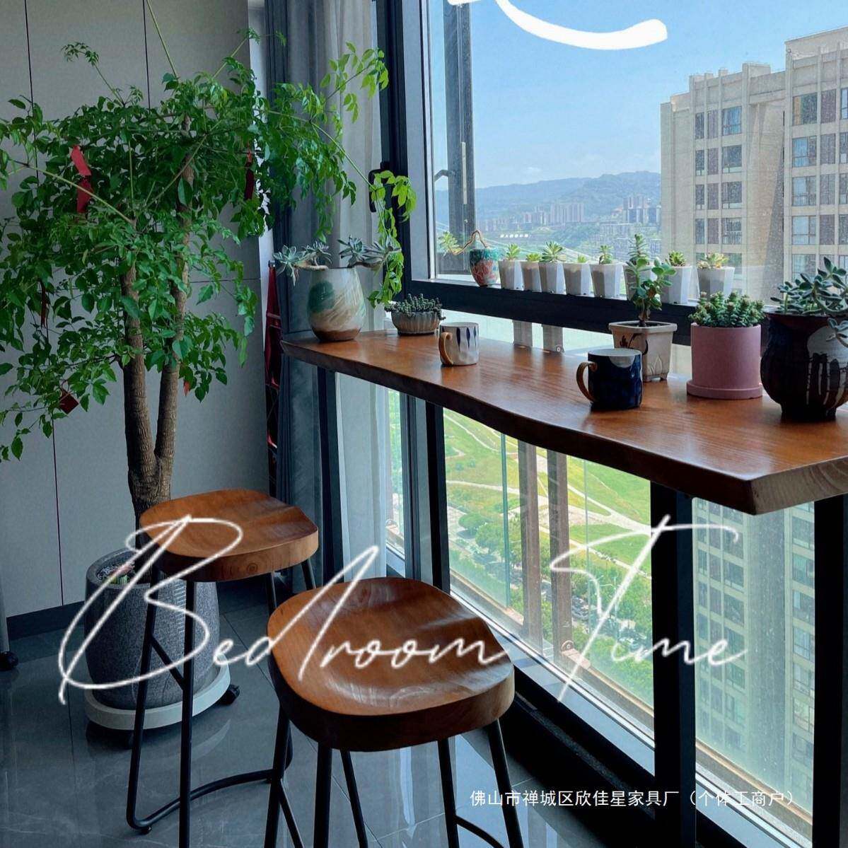 实木吧台桌椅组合家用阳台靠墙高脚长条桌商用奶茶店咖啡厅酒吧台